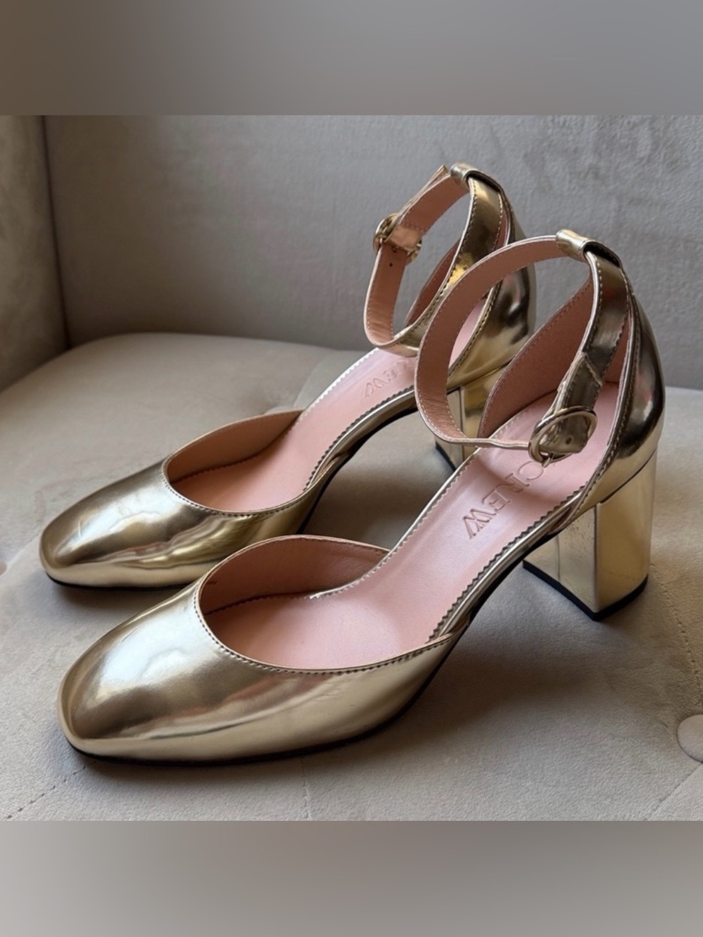 J. Crew Metallic Gold Ankle Strap Block Heel Mary Janes